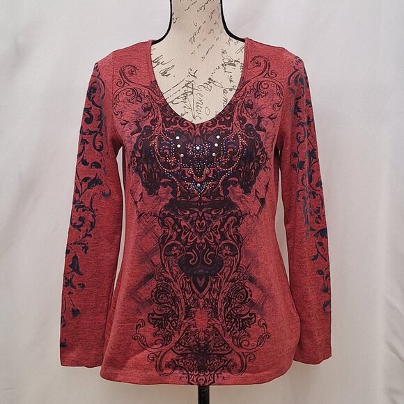 Live & Let Live Womens Top Small Heather Knit Vine Pattern Embellished Boho Fall - Picture 1 of 6